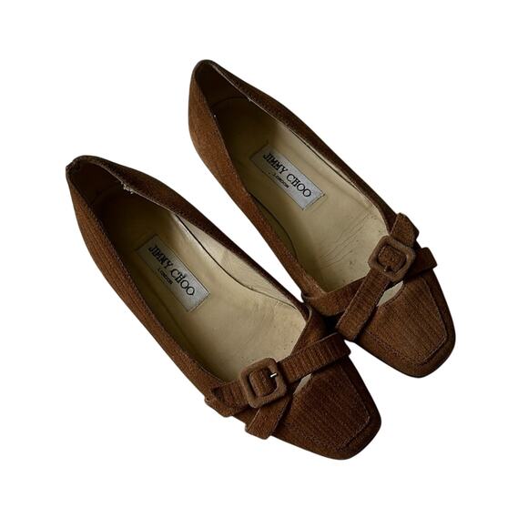 Jimmy Choo Suede Buckle Front Flat Loafers Nice Brown Neutral Textured - Picture 1 of 12